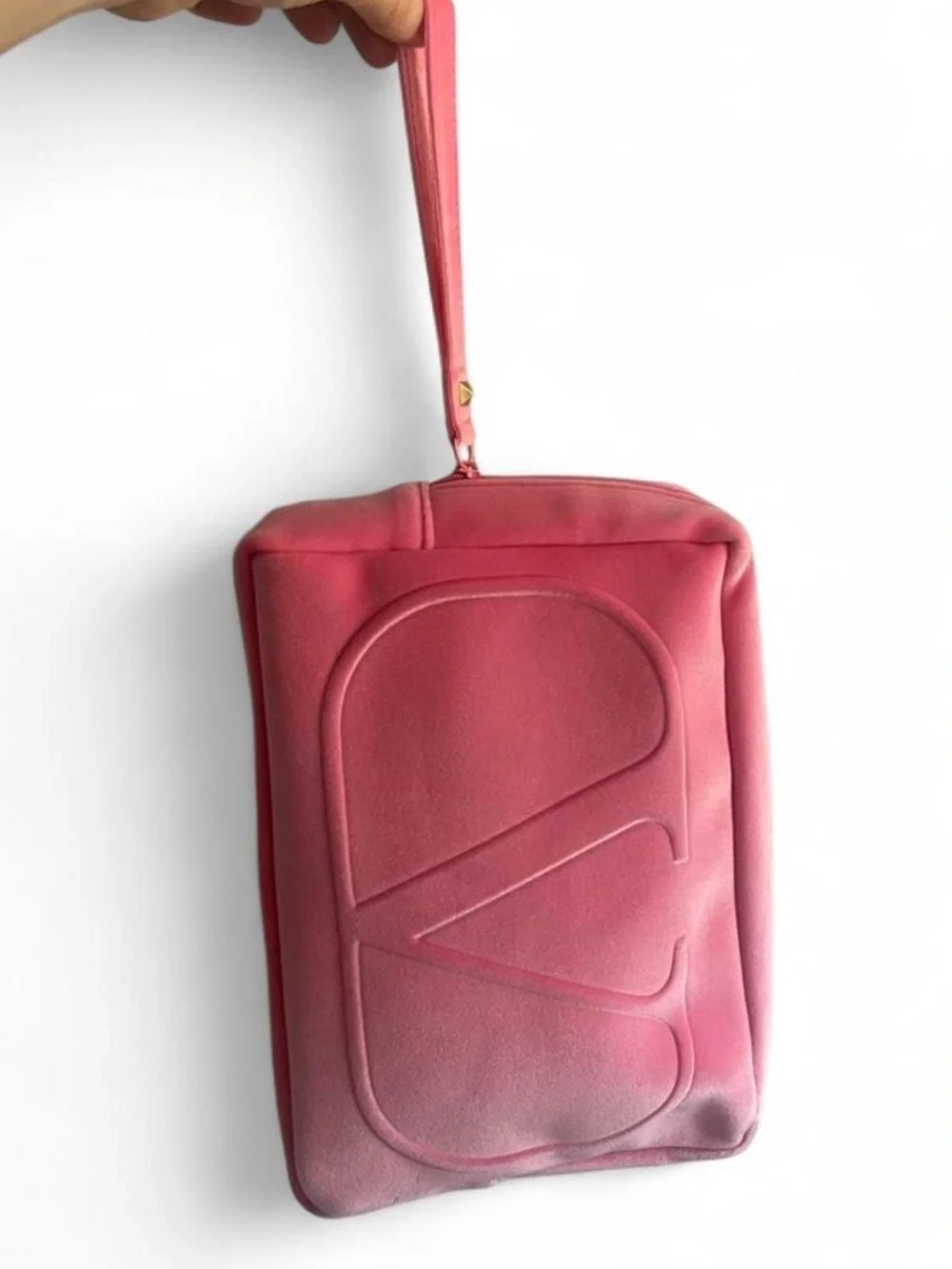 Authentic Valentino velvet Coral Pink Embossed Wristlet / makeup cosmetic bag